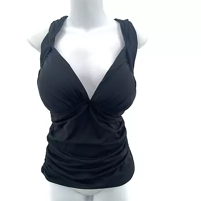 La Blanca Swim Suit Tankini Top 10 Black Halter Ruched Wireless Flattering Fit • $38.99