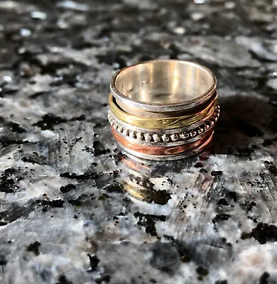 Designer Textured Sterling Silver & Brass Wide Band Spinner Ring Size 8.25 • $17