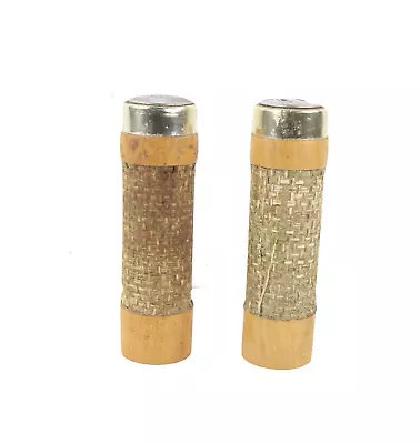 Vintage 70s Mid Century Modern MCM Burlap Wood Salt & Pepper Shaker Set Brown • $35.95