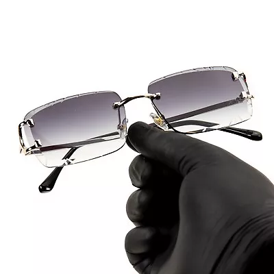 Men's Gem Cut Purple Tint Silver Frame Hip Hop Rimless Luxury Square Sunglasses • $15.99