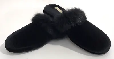 Womens Slip On Slippers Laura Ashley Velveteen Rabbit Fur Trim Size L Black • $14.99