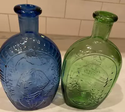 2 VTG AMER EAGLE WHEATON GLASS BOTTLE COBALT BLUE WASHINGTON Green Lady Liberty • $34.99