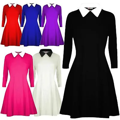 £9.99 • Buy Kids Girls Swing Dress Peter Pan Collar Long Sleeves Flared Skater Dresses 5-13Y