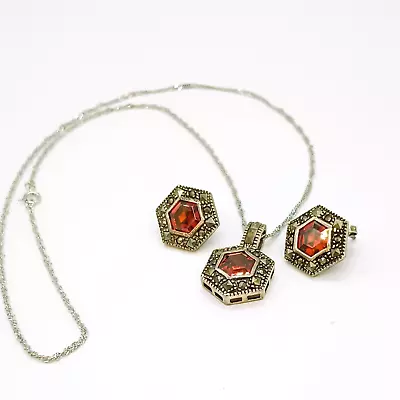 Sterling Silver Necklace Earrings Set. 925 Garnet And Marcasite Octagon Setting • $44.95