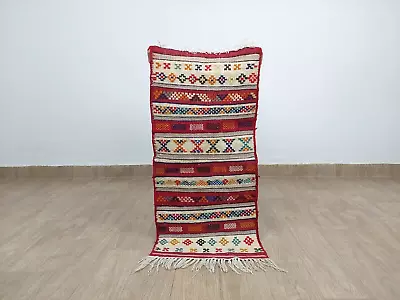 Moroccan Vintage Sabra Kilim Rug Tribal Berber Hand Woven Red Wool Carpet 1x3 Ft • $128