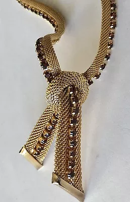 Vintage Gold Tone Mesh Rhinestone Drop Bow Choker Necklace 18” • $17.50