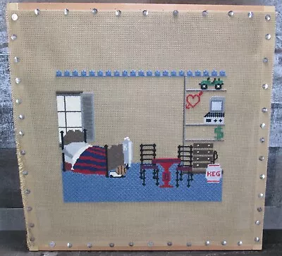 College Dorm Apartment Needlepoint Picture Wall Decor Keg Computer Finished Vtg • $23.94