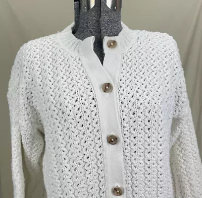 Vintage Britches Great Outdoors Crochet Cardigan Sweater Small White Wood Button • $29.99