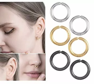 Men Women Stainless Steel Clip On Non-Piercing Fake Hoop Earrings Ear Nose • $3.95