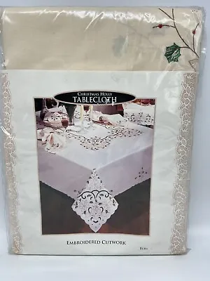 Christmas Holly Tablecloth & Napkins Vintage Embroidered Cutwork Oblong 66 X84  • $92