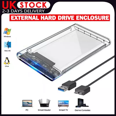 Hard Drive Enclosure 2.5 Inch USB 3.0 SATA Case External Clear Caddy HDD SSD • £4.65