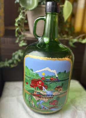 Vintage Hand Painted Green Jug Glass Wine Bottle Folk Art Scene Signed OOAK • $14