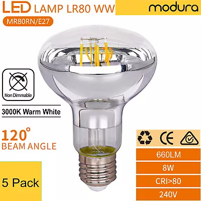 5 X R80 E27 8W 3000K 660lm Warm White Reflector LED Filament Bulb Lamp ES Globe • $64.99