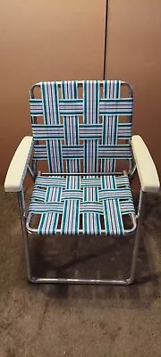 Vintage Aluminum Webbed Turquoise White Folding Woven Lawn Chair Mid Century MCM • $34.97