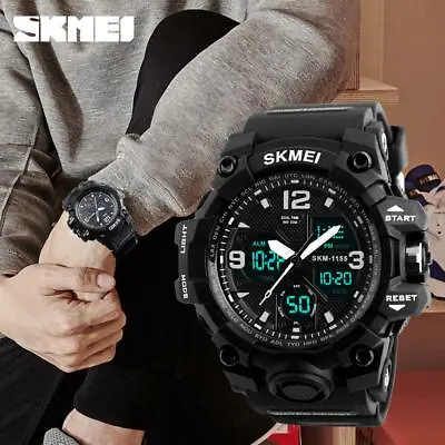 Mens Watch Army Military Alarm Analog Digital Waterproof Sport Wrist SKMEI 1155B • £15.55