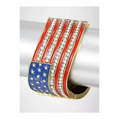 Deco Crystal Patriotic Hinged Bangle Bracelet American USA Red White Blue Flag • $18.72