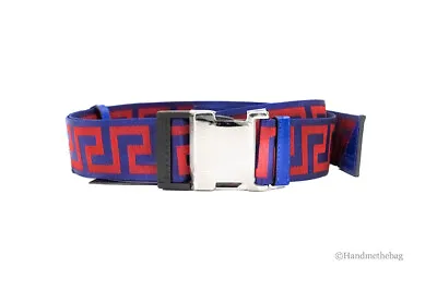 Versace Greek Key Pattern Lapis Blue Scarlet Red Fabric Adjustable Buckle Belt • $169