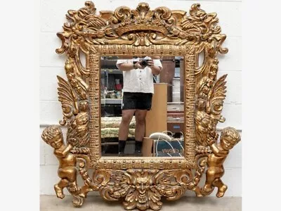 Vintage Antique Extravagant Gilt Wood Frame Wall Mirror Gold Eagle Cherub Accent • $400