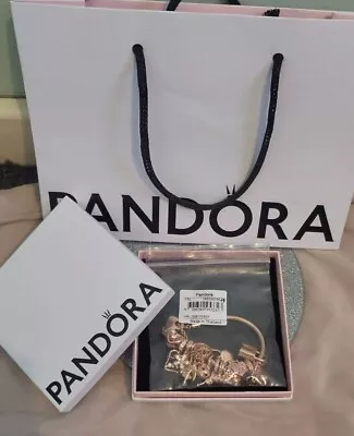 💝 Pandora Heart T-Bar Snake Chain Bracelet 14K Rose Gold 19cm  +12 Charm + BOX • £10.50