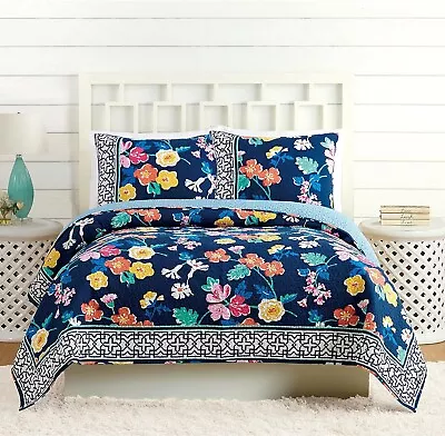 Vera Bradley Quilt MAYBE NAVY King Size Contemporary Spring Floral Cotton Soft • $69.99