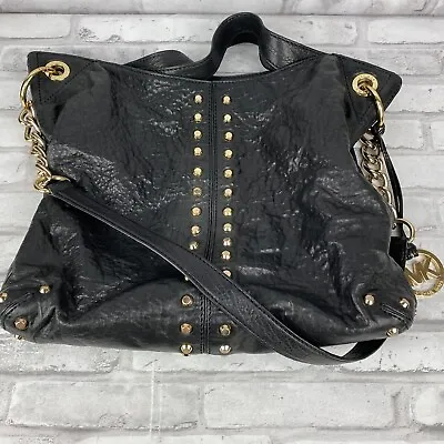 MICHAEL KORS Uptown Astor Black Leather Studded Grommet Shoulder Bag Pre-Owned • $135.44