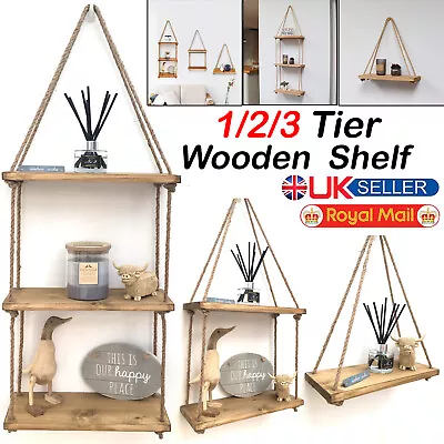 £0.99 • Buy 1/2/3 Tier Wooden Wall Mounted Shelves Hanging Rope Floating Wood Shelf Rustic