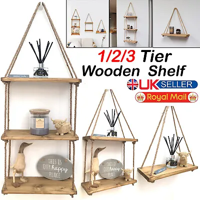 £9.85 • Buy Rustic Wooden Handmade Hanging Rope Shelf Solid Natural Wooden Floating Shelves 