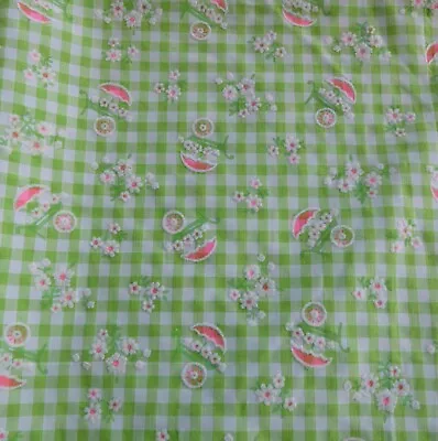 Vintage Flocked Novelty Flower Cart Pink Green & White Check Gingham Fabric • $15