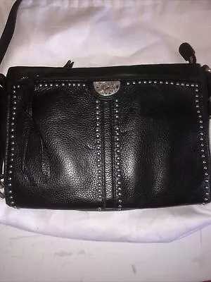 Brighton Rex Pretty Tough Black Leather Crossbody Bag Rivets Adjustable • $79