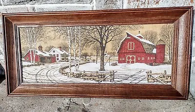 Vintage Mint Kay Dee Linen Hand Prints Winter Farm Red Barn Framed Print • $89.99