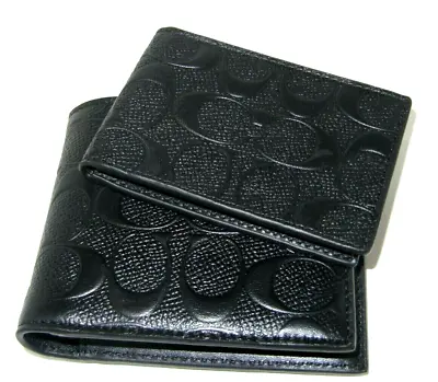Coach F75371 3 In 1 Men's Compact ID Wallet Black C Embossed Leather NWT $188 • $78.99