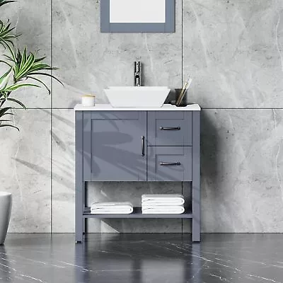 30  Grey Bathroom Vanity And Sink Combo Marble Pattern Top W/Mirror Faucet&Drain • $301.50