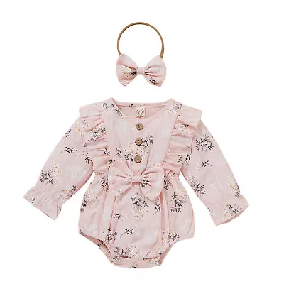 Clothes Dress Infant Outfit Set Newborn Baby Girls Floral Romper Tops + Headband • £12.99