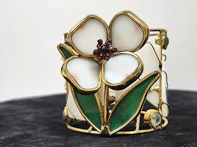 Vtg Gold Tone Stained Glass Flower Votice Candle Holder • $34.95