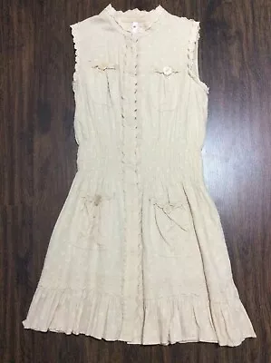 SASS Women's Tan Button Through Dress With Lace Trims Sz 8 Vintage Prarie Style • $7.50