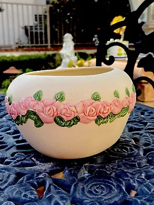 Elegant Vintage 1980S FtD Flower Pot Raised Pink Flowers Roses Off-White Shabby  • $15