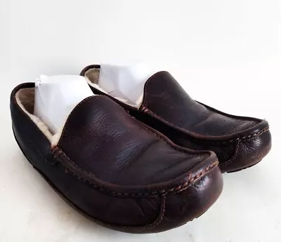 UGG Ascot 5379 Brown Leather Fur Lined Slippers Shoes Mens Size 11 US Comfort • $39.99