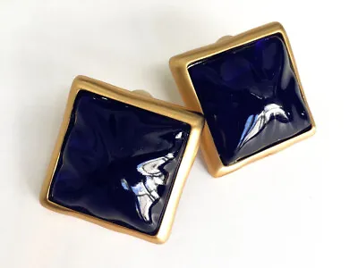 Anne Klein Couture Cobalt Blue Poured Resin Clip Earrings 1.5  Sq Gold Trim Vtg • $170