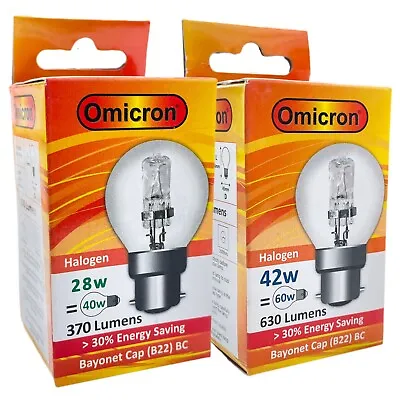 £5.99 • Buy 3 X HALOGEN LOW WATT ENERGY SAVING LIGHT BULBS OMICRON 28wt /42wt BC (B22) CLEAR
