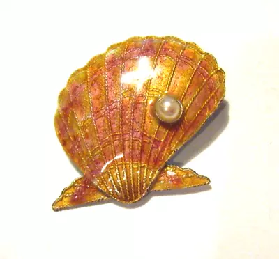 1  Vintage Zarah S925 Sterling Silver  Guilloche Enamel Seashell Pin With Pearl • $45