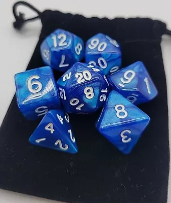 RPG Dice Set Of 7 - Royal Blue Swirl D4 D6 D8 D10 D12 D20 D00-90 D&D With Bag • $8.49