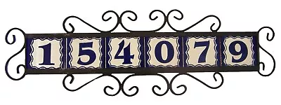 6 Mexican Blue HOUSE  NUMBER Tiles & Iron Frame Horizontal  • $64.99