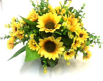 Artificial Flower Silk Memorial Grave Pot With Sunflowers & Greenery Hand Made • £17.99