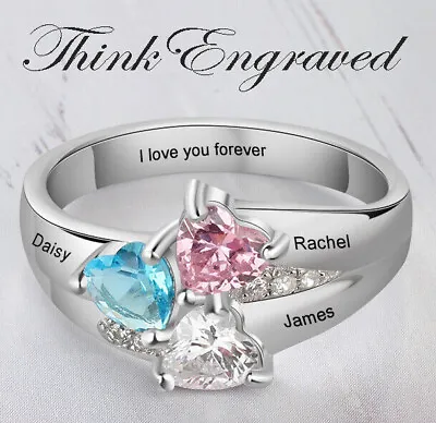 Personalized Engraved 3 Heart Birthstone Mother's Ring Or Mom Ring .925 Sterling • $55.50