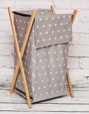 Laundry Basket With Natural Wooden Frame  Removable Linen Small White Stars • £24.99