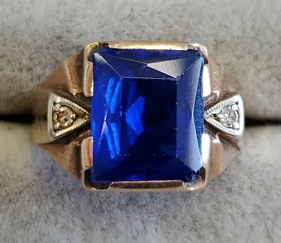 Vintage Men's Sapphire  Glass Stone W Diamonds 10k Gold Ring  Size 10 • $349.95