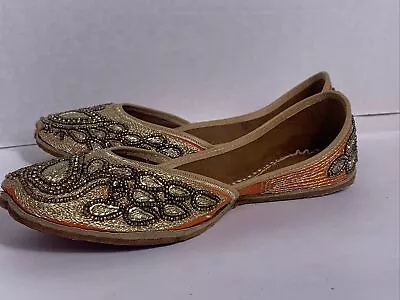 Women Wedding Jutti Ethnic Indian Gold&Orange Bellies EUsz 39/US 6.5-7 BLING!! • $30