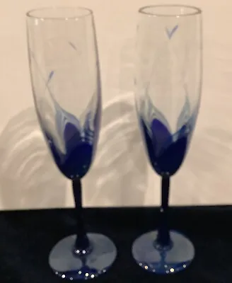 2 Vintage Randy Strong Handblown Glass Champagne Flutes Cobalt Blue Signed Dated • $125