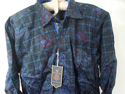 Oscar Banks Pure Cotton Shirt Dark Blue Check & Paisley Pattern Size Large 41-42 • £24.99