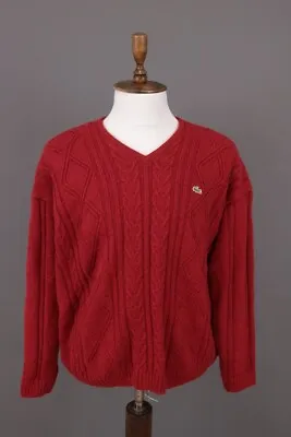 Lacoste Red Wool Cable Knit V-Neck Jumper Sweater Size 7 • £42